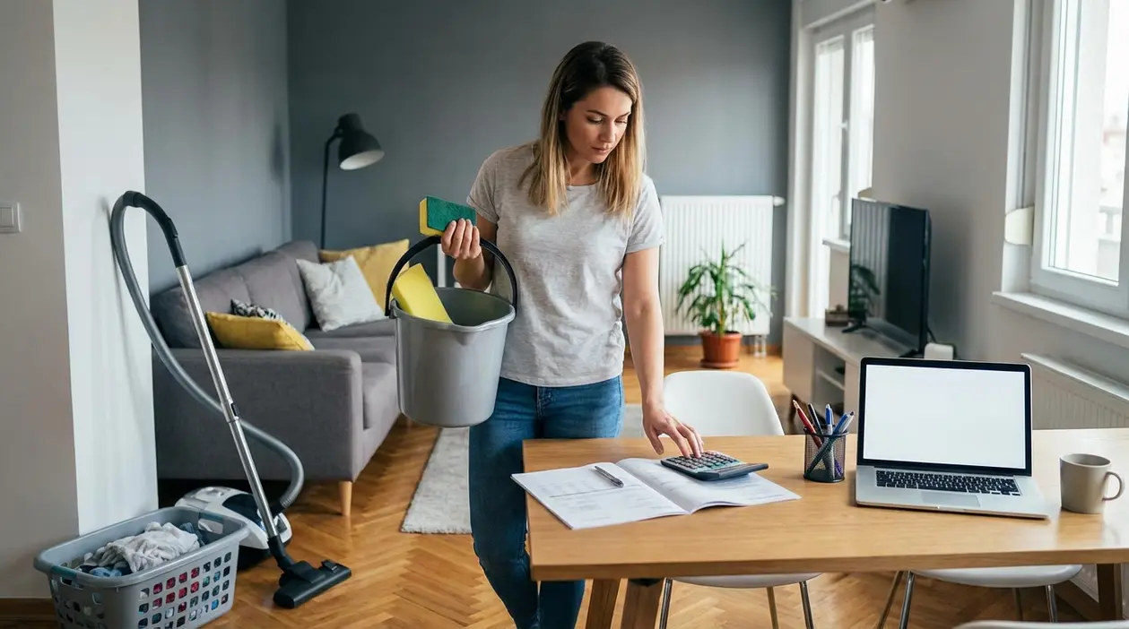 Persona con secchio e spugna calcola lo stipendio per lavoro domestico in casa, con calcolatrice e documenti sul tavolo