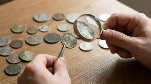 Una persona controlla una moneta con lente d’ingrandimento e pinzette su un tavolo con altre monete