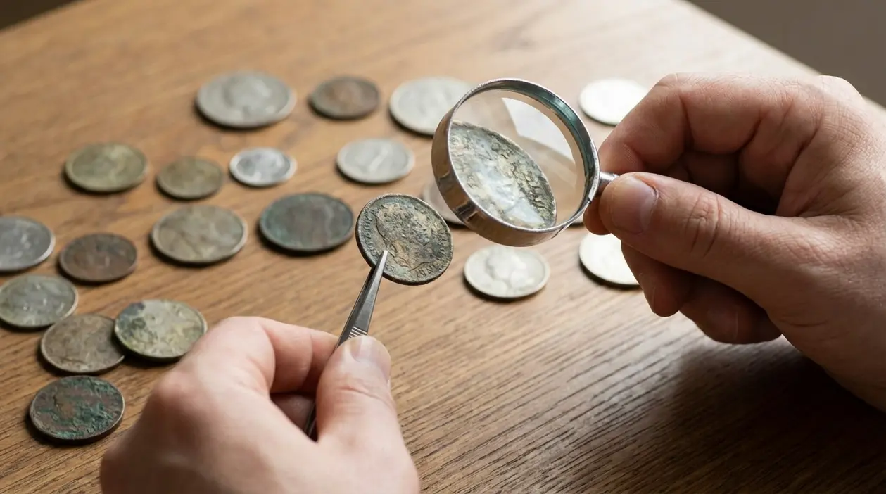 Una persona controlla una moneta con lente d’ingrandimento e pinzette su un tavolo con altre monete