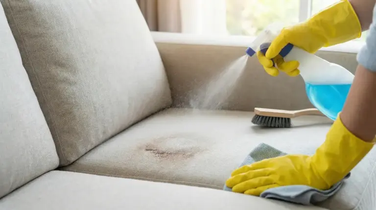 Persona con guanti spruzza detergente su un divano in tessuto macchiato per pulirlo e igienizzarlo