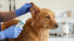 Veterinario pulisce l’orecchio di un cane con una soluzione detergente, tenendo sollevata l’orecchia