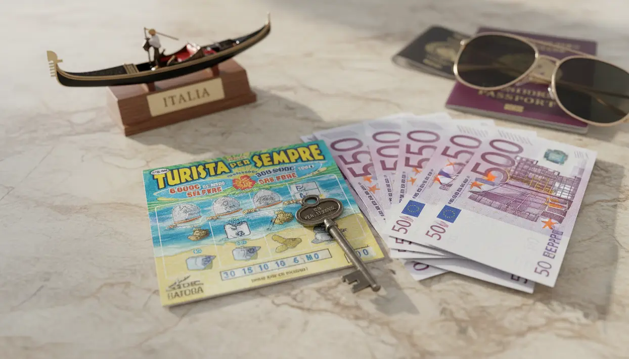 Gratta e vinci Turista per Sempre con chiave e banconote da 50 euro, accanto a passaporto e occhiali da sole