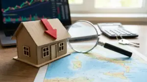 Modellino di casa con freccia verso il basso, lente d’ingrandimento e calcolatrice su una mappa dell’Italia