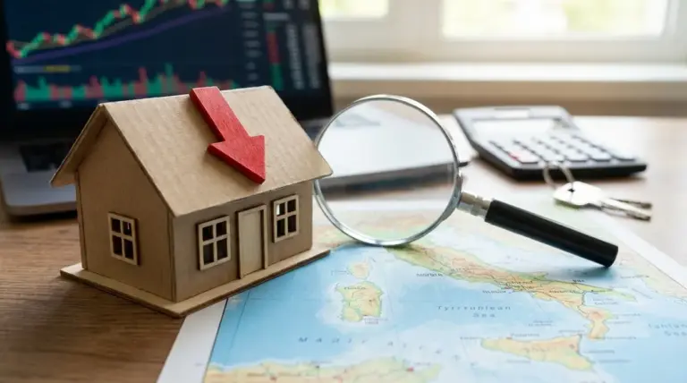 Modellino di casa con freccia verso il basso, lente d’ingrandimento e calcolatrice su una mappa dell’Italia