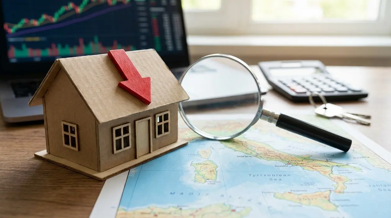 Modellino di casa con freccia verso il basso, lente d’ingrandimento e calcolatrice su una mappa dell’Italia