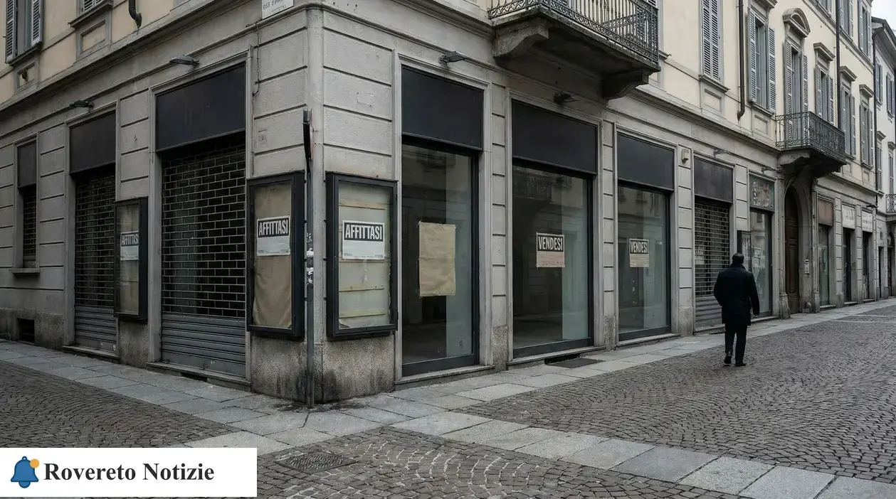 Vetrine di negozi chiusi in centro città, con cartelli di affitto e vendita e una persona che cammina sul marciapiede
