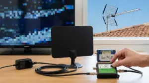 Antenna TV da interno con cavi e amplificatore su un tavolo, TV con immagine a blocchi sullo sfondo