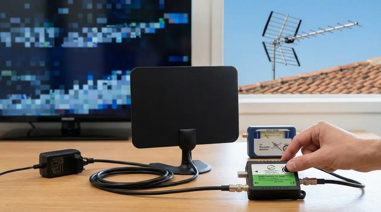 Antenna TV da interno con cavi e amplificatore su un tavolo, TV con immagine a blocchi sullo sfondo