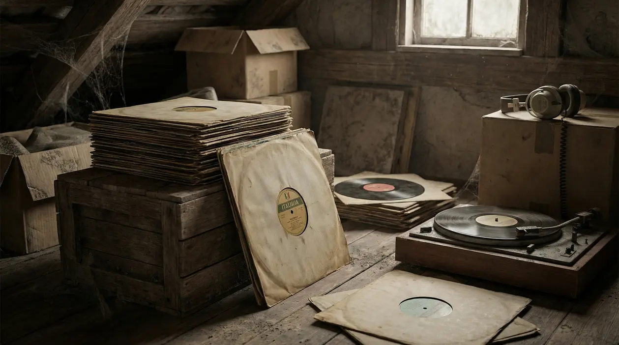 Vecchi dischi in vinile impilati in una soffitta polverosa, con giradischi e cuffie su una scatola