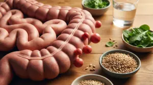 Illustrazione del colon con diverticoli accanto a fibre, verdure e acqua su un tavolo