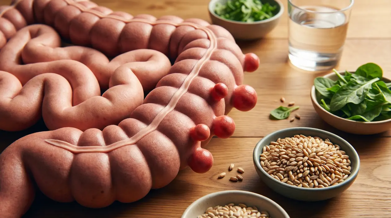 Illustrazione del colon con diverticoli accanto a fibre, verdure e acqua su un tavolo