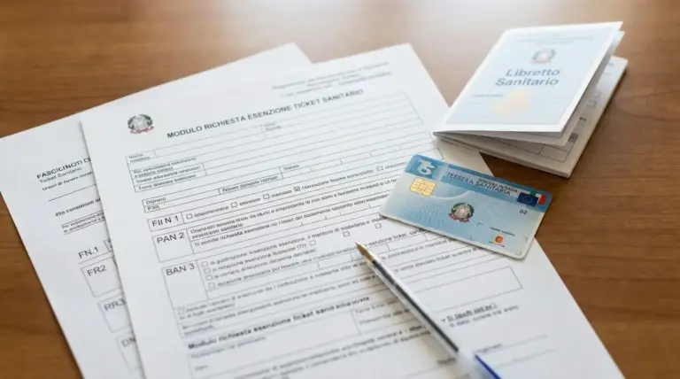 Modulo per richiesta esenzione ticket con tessera sanitaria, libretto sanitario e penna su un tavolo