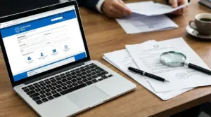 Laptop con modulo online e documenti cartacei su scrivania, per la domanda di invalidità civile