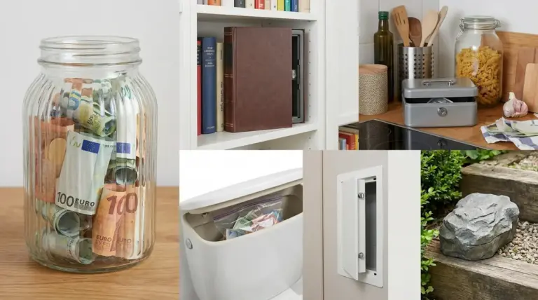 Collage di nascondigli per contanti: barattolo con banconote, libro con cassaforte, cassetta, cassetta WC e finta pietra
