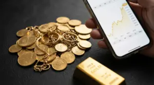 Monete e gioielli d’oro con smartphone che mostra l’andamento del prezzo dell’oro