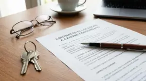 Contratto di locazione a canone concordato su scrivania con chiavi di casa, penna e occhiali