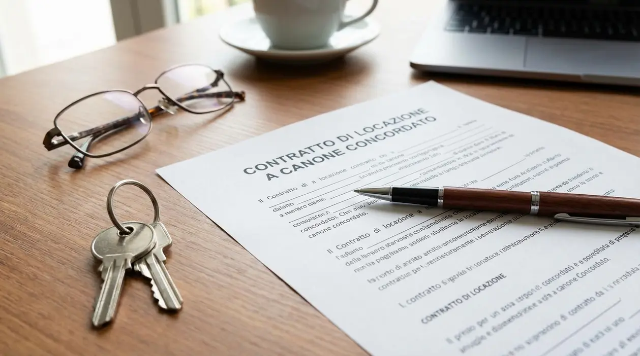 Contratto di locazione a canone concordato su scrivania con chiavi di casa, penna e occhiali