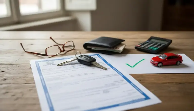 Documenti auto con chiavi, portafoglio e calcolatrice su un tavolo, simbolo di esenzione dal bollo auto