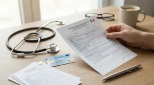 Mano che tiene un modulo sanitario con tessera sanitaria e stetoscopio su una scrivania