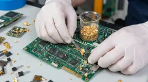Mani con guanti rimuovono frammenti dorati da una scheda elettronica, con becher pieno di granuli d’oro