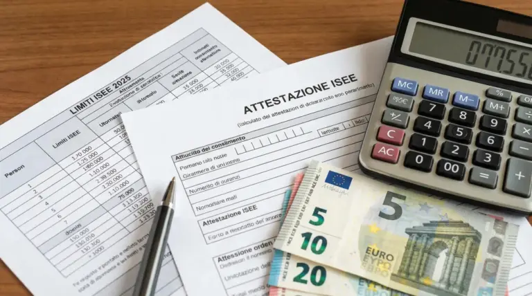 Documenti ISEE su una scrivania con calcolatrice, penna e banconote in euro per calcolo bonus e agevolazioni