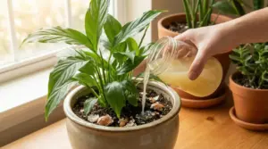 Mano versa fertilizzante naturale liquido in un vaso con pianta verde da interno vicino a una finestra