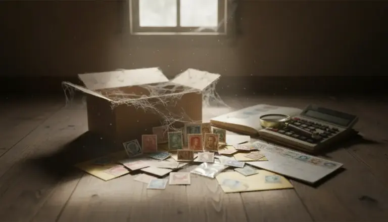 Scatola polverosa in soffitta con francobolli vintage sparsi, buste, lente d’ingrandimento e calcolatrice