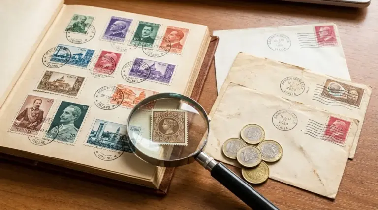 Album di francobolli commemorativi con lente d’ingrandimento, buste postali d’epoca e monete su un tavolo