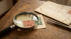 Lente d’ingrandimento su francobolli italiani su busta d’epoca, con pinzette su tavolo in legno