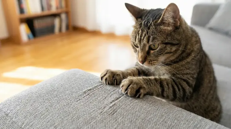 Gatto tigrato che graffia un divano in tessuto in salotto, con i mobili sullo sfondo