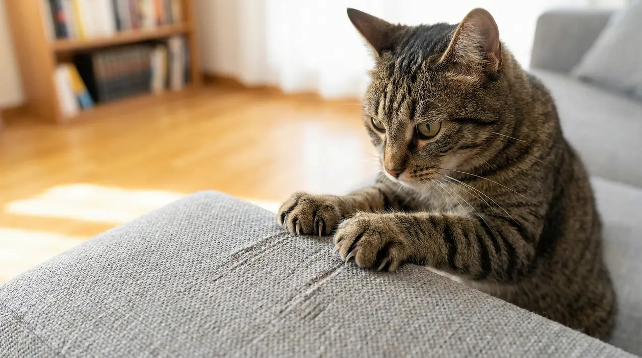 Gatto tigrato che graffia un divano in tessuto in salotto, con i mobili sullo sfondo