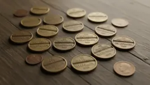 Gettoni telefonici vintage sparsi su un tavolo in legno, in primo piano monete usate per telefoni pubblici