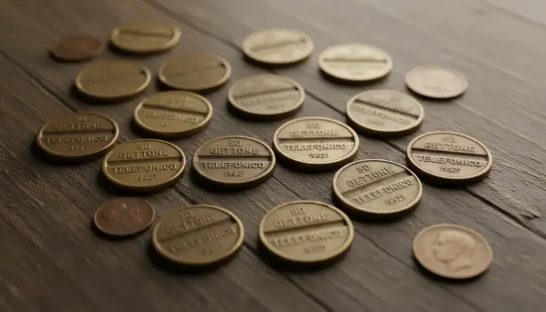 Gettoni telefonici vintage sparsi su un tavolo in legno, in primo piano monete usate per telefoni pubblici