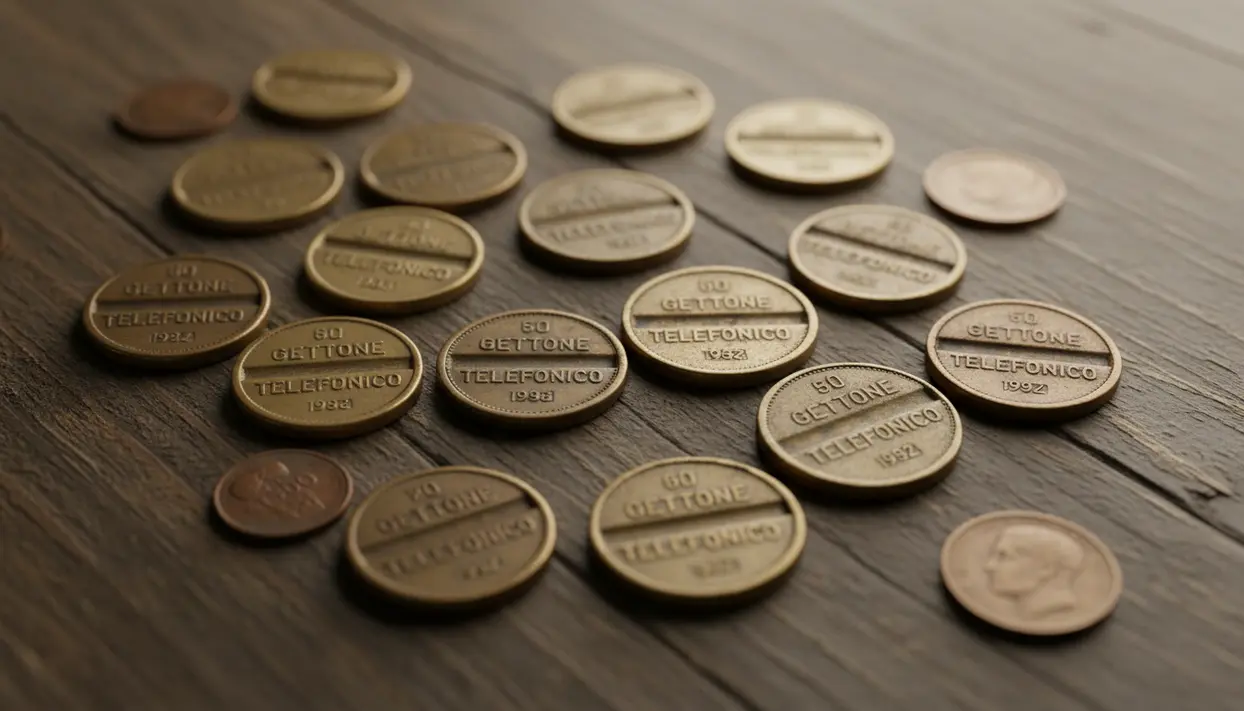 Gettoni telefonici vintage sparsi su un tavolo in legno, in primo piano monete usate per telefoni pubblici