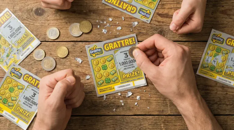 Mani che grattano un biglietto Gratta e vinci su un tavolo di legno, con monete e residui di grattatura
