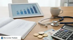 Scrivania con stetoscopio, calcolatrice e grafico su tablet, simbolo dei guadagni di un medico di base