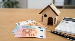 Modellino di casa in legno con banconote in euro, calcolatrice e penna su un tavolo, tema IMU seconda casa