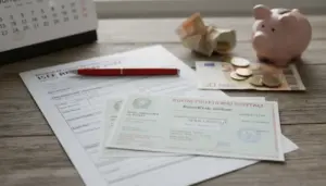 Documenti ISEE su un tavolo con buoni fruttiferi postali, banconote e salvadanaio a forma di maialino