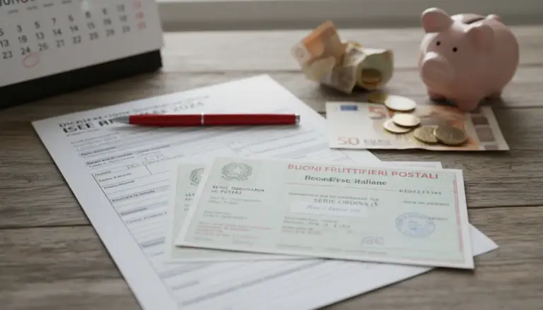 Documenti ISEE su un tavolo con buoni fruttiferi postali, banconote e salvadanaio a forma di maialino