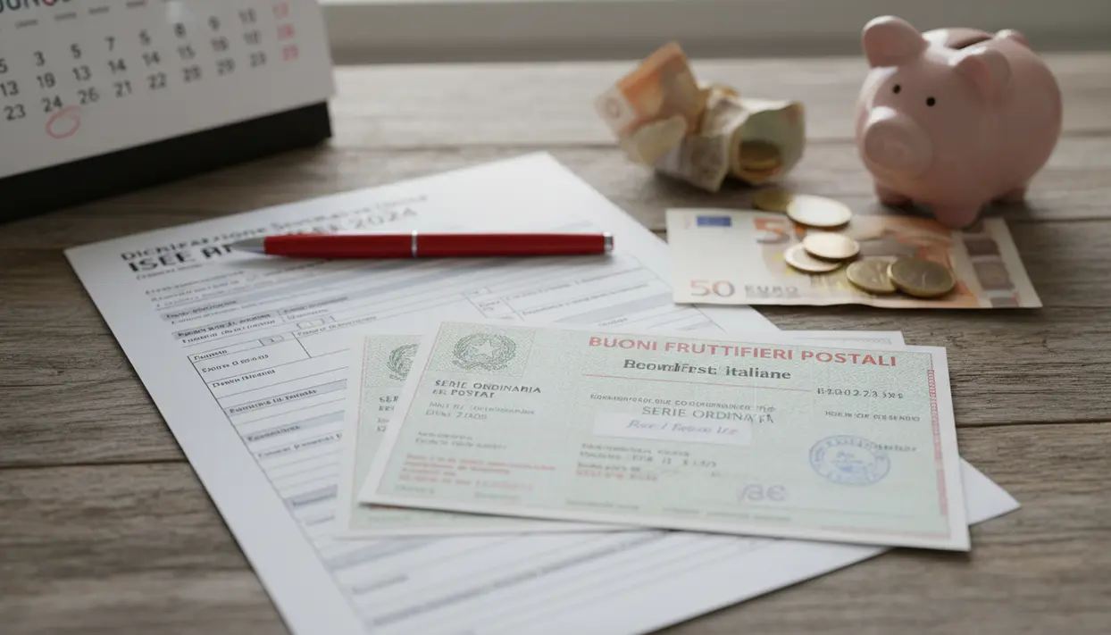 Documenti ISEE su un tavolo con buoni fruttiferi postali, banconote e salvadanaio a forma di maialino