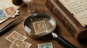 Francobollo italiano da 1,25 lire Michetti osservato con lente d’ingrandimento su tavolo di legno, con pinzette e album