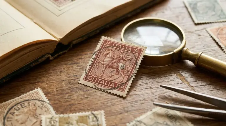 Francobollo italiano d’epoca con cavallo, accanto a lente d’ingrandimento e pinzette su tavolo di legno
