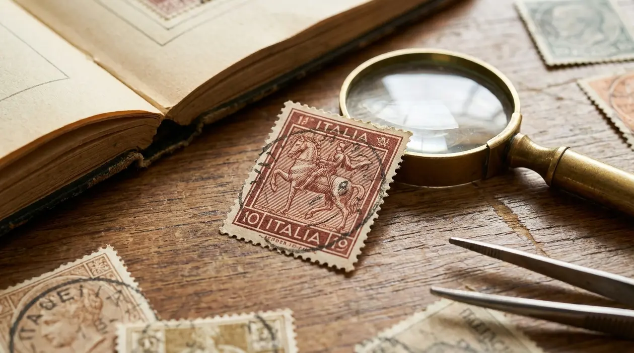 Francobollo italiano d’epoca con cavallo, accanto a lente d’ingrandimento e pinzette su tavolo di legno