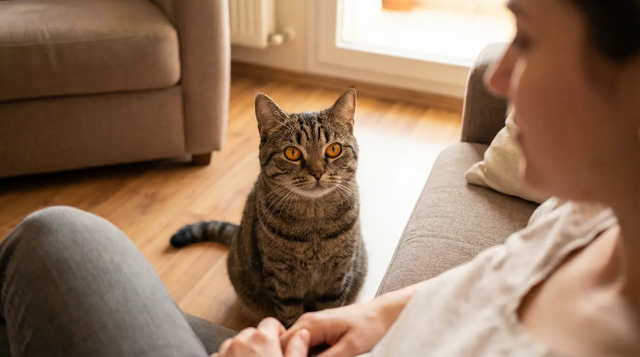 Gatto tigrato seduto in salotto che fissa una persona, simbolo della comunicazione felina