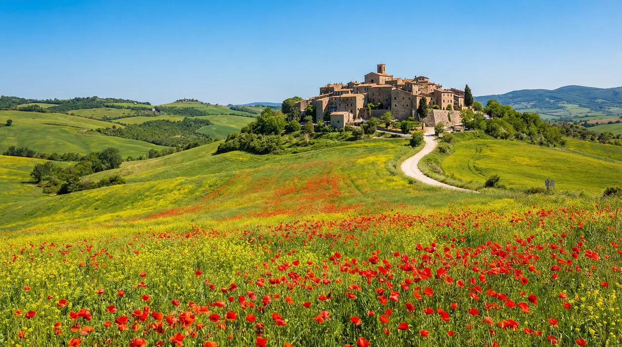 Borgo collinare in Umbria con strada bianca tra campi verdi e fioritura di papaveri sotto cielo sereno