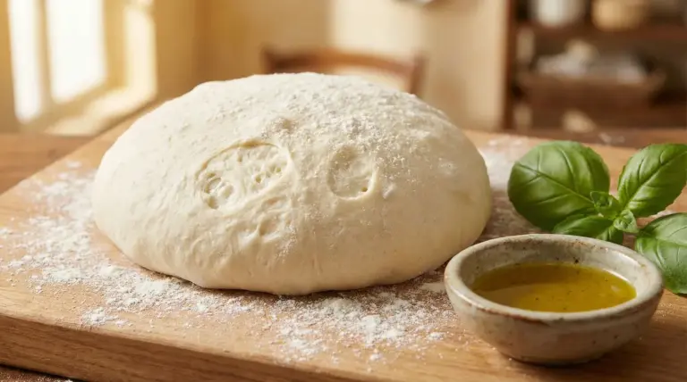Impasto morbido e lievitato su tavola infarinata, con basilico e olio, pronto per pizza o pane