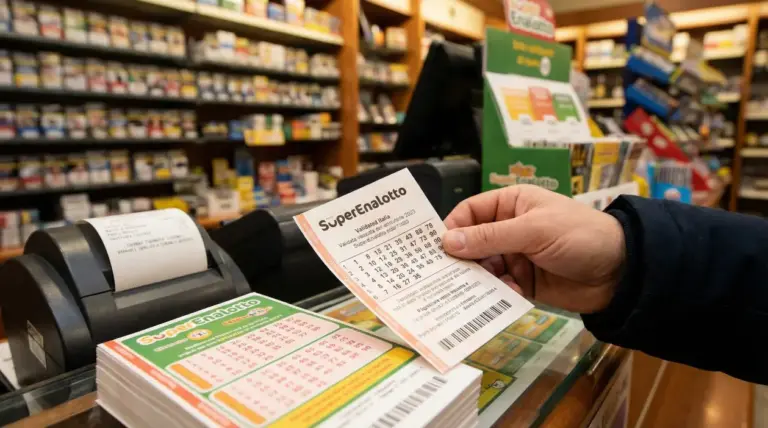 Mano che mostra una schedina del Superenalotto al banco di una ricevitoria, con terminale e moduli di gioco