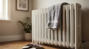 Termosifone in ghisa con asciugamano appoggiato sopra in una stanza, esempio di cattiva diffusione del calore