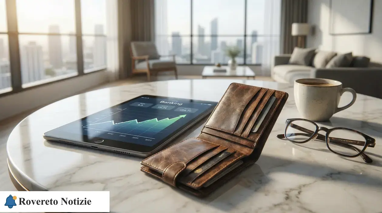 Portafoglio in pelle e tablet con grafico finanziario su tavolo, con tazza di caffè e occhiali in salotto luminoso