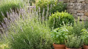 Pianta di lavanda in giardino accanto a vasi di basilico e rosmarino, utile per tenere lontane le zanzare